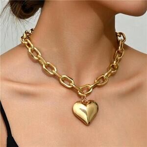 Chunky Heart Necklace Statement Necklace with Big Puffy Heart Gold Tone